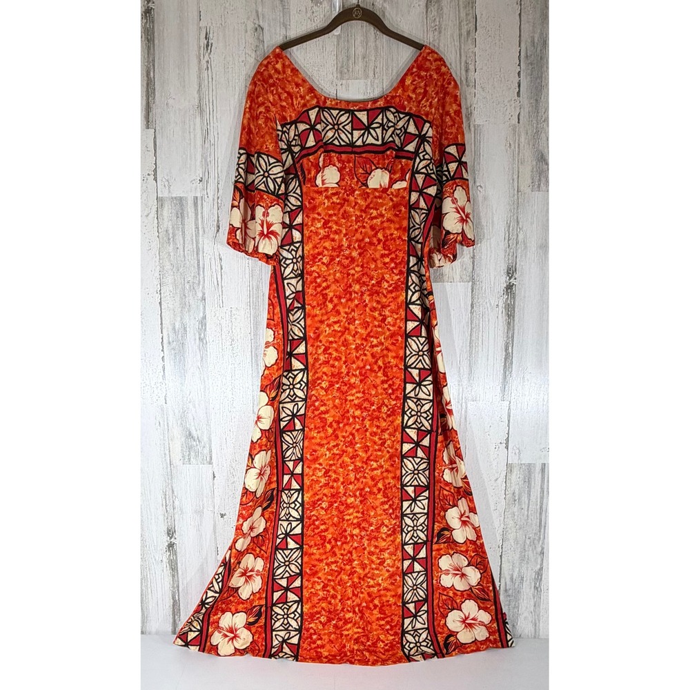 Ui-Maikai Vintage Hawaiian‎ Maxi Dress Small Orange Hibiscus Floral 70s Aloha
